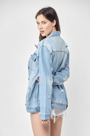 RISEN Full Size Distressed Long Sleeve Denim Jacket Trendsi