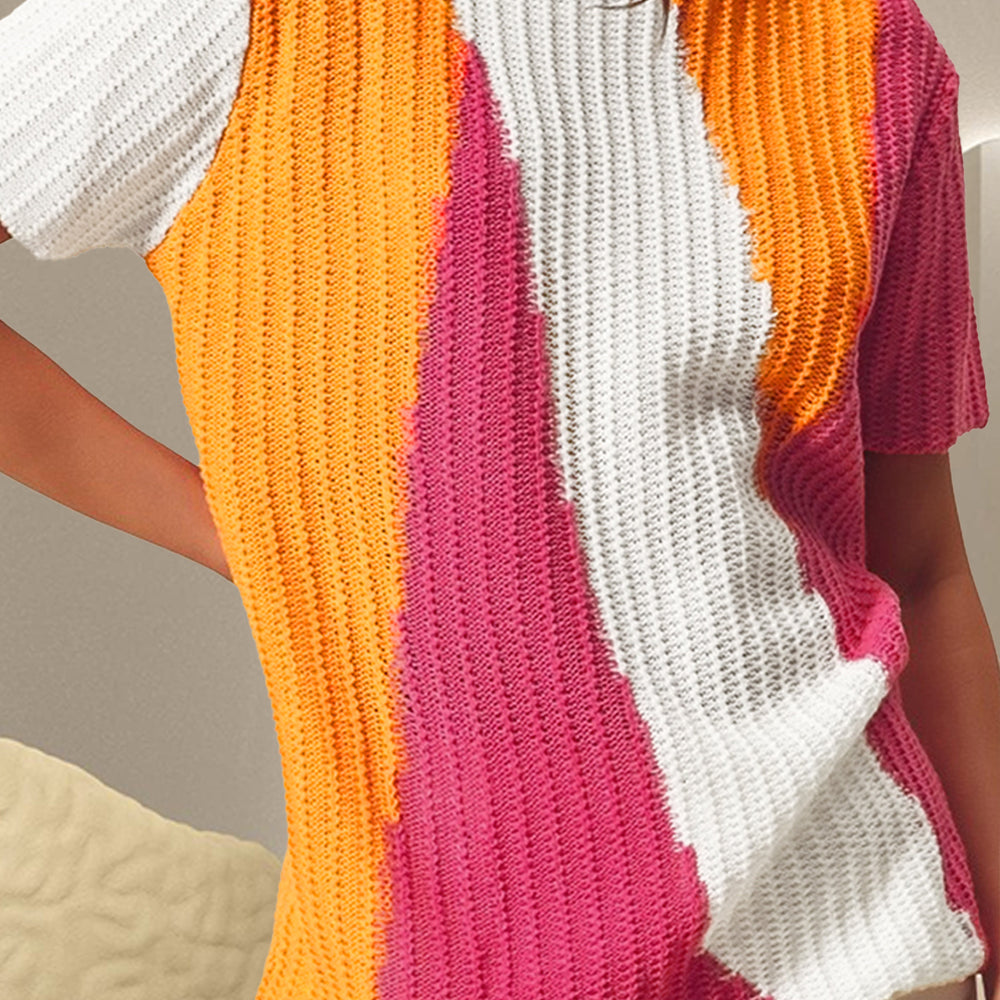Color Block Round Neck Short Sleeve Knit Top