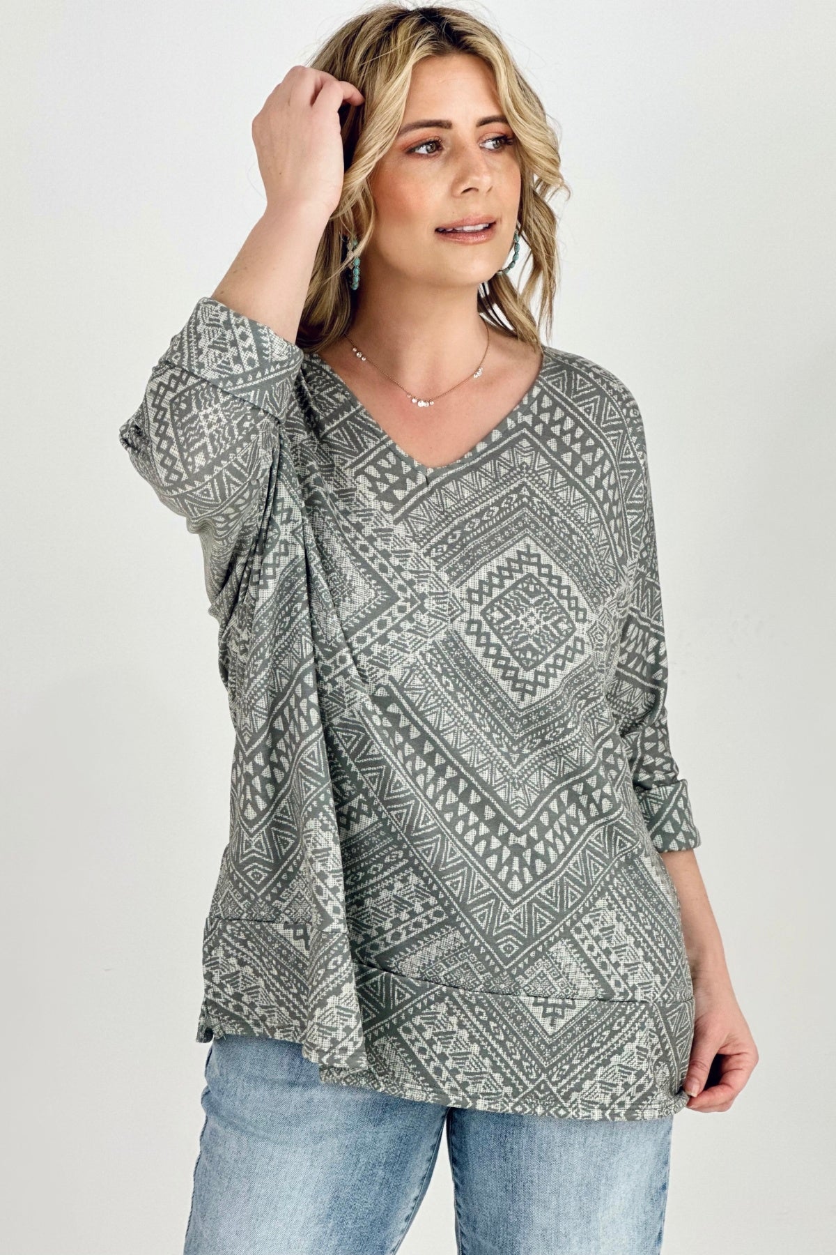 BiBi Aztec Print French Terry V Neck Top Kiwidrop