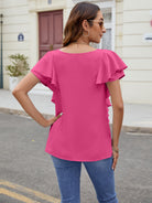 Ruffled V-Neck Short Sleeve Top Trendsi