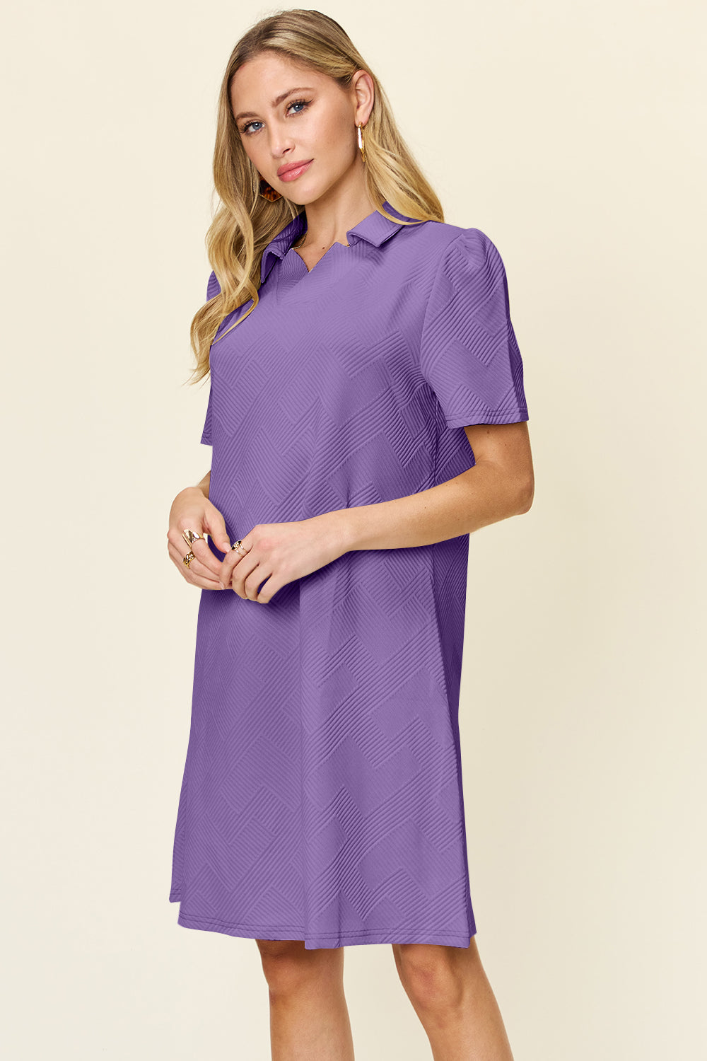 Double Take Full Size Texture Collared Neck Short Sleeve Dress Trendsi