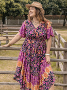 Plus Size Printed V-Neck Flutter Sleeve Midi Dress Trendsi