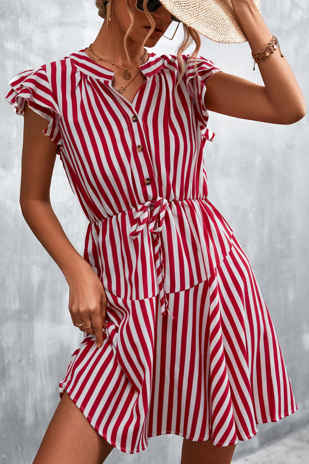 Ruffled Striped Cap Sleeve Mini Dress Trendsi