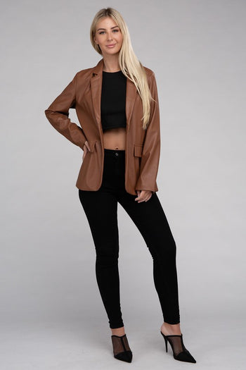 Sleek Pu Leather Blazer with Front Closure Ambiance Apparel