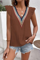 Full Size Ruffled V-Neck Cap Sleeve Blouse Trendsi