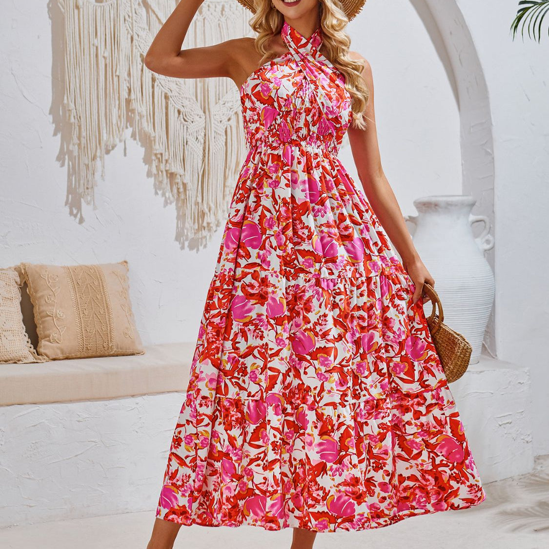 Smocked Printed Sleeveless Midi Dress Trendsi
