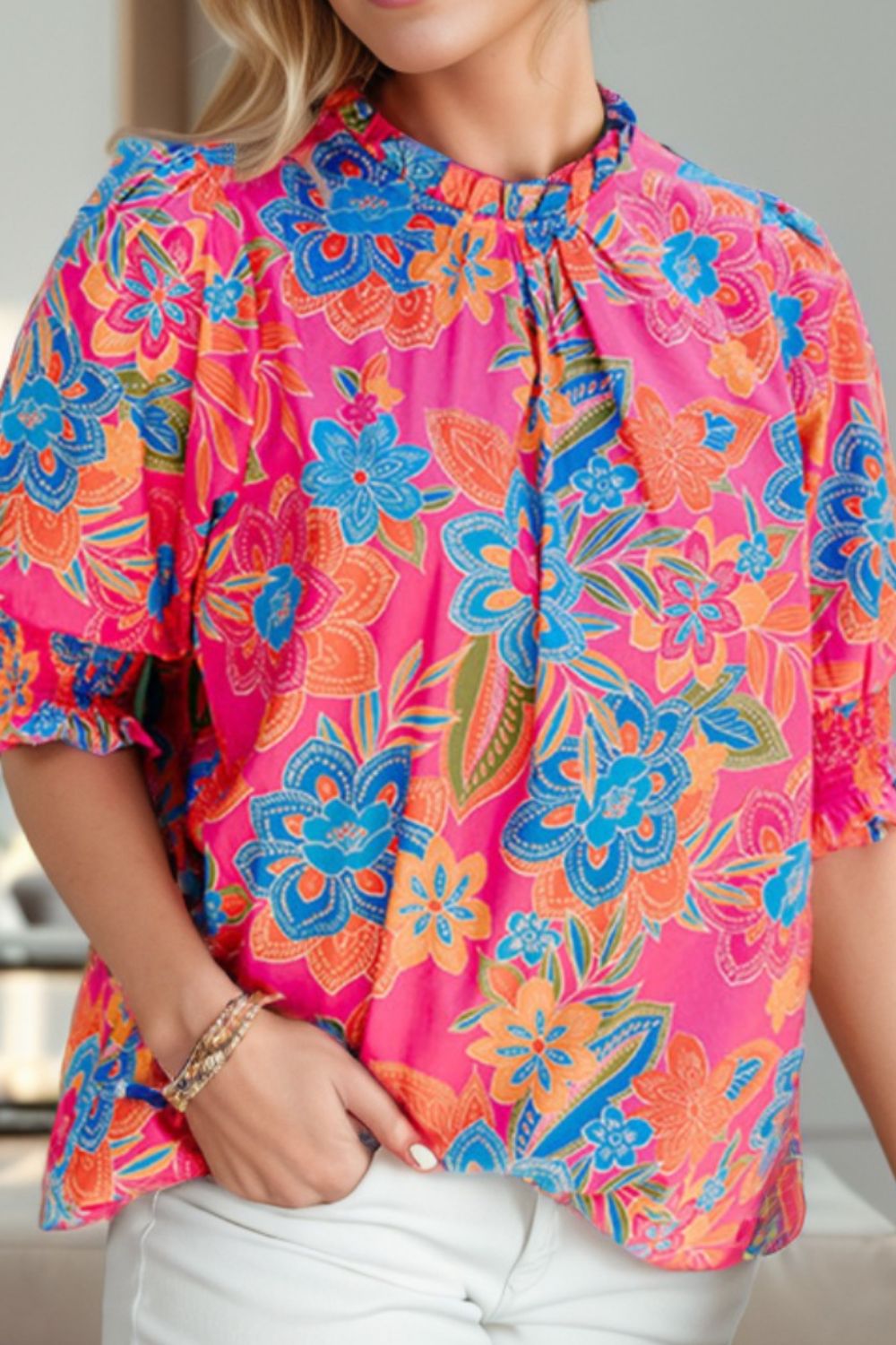 Printed Mock Neck Half Sleeve Blouse Trendsi