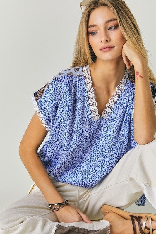 Printed Lace V-Neck Short Sleeve Loose Top Davi & Dani