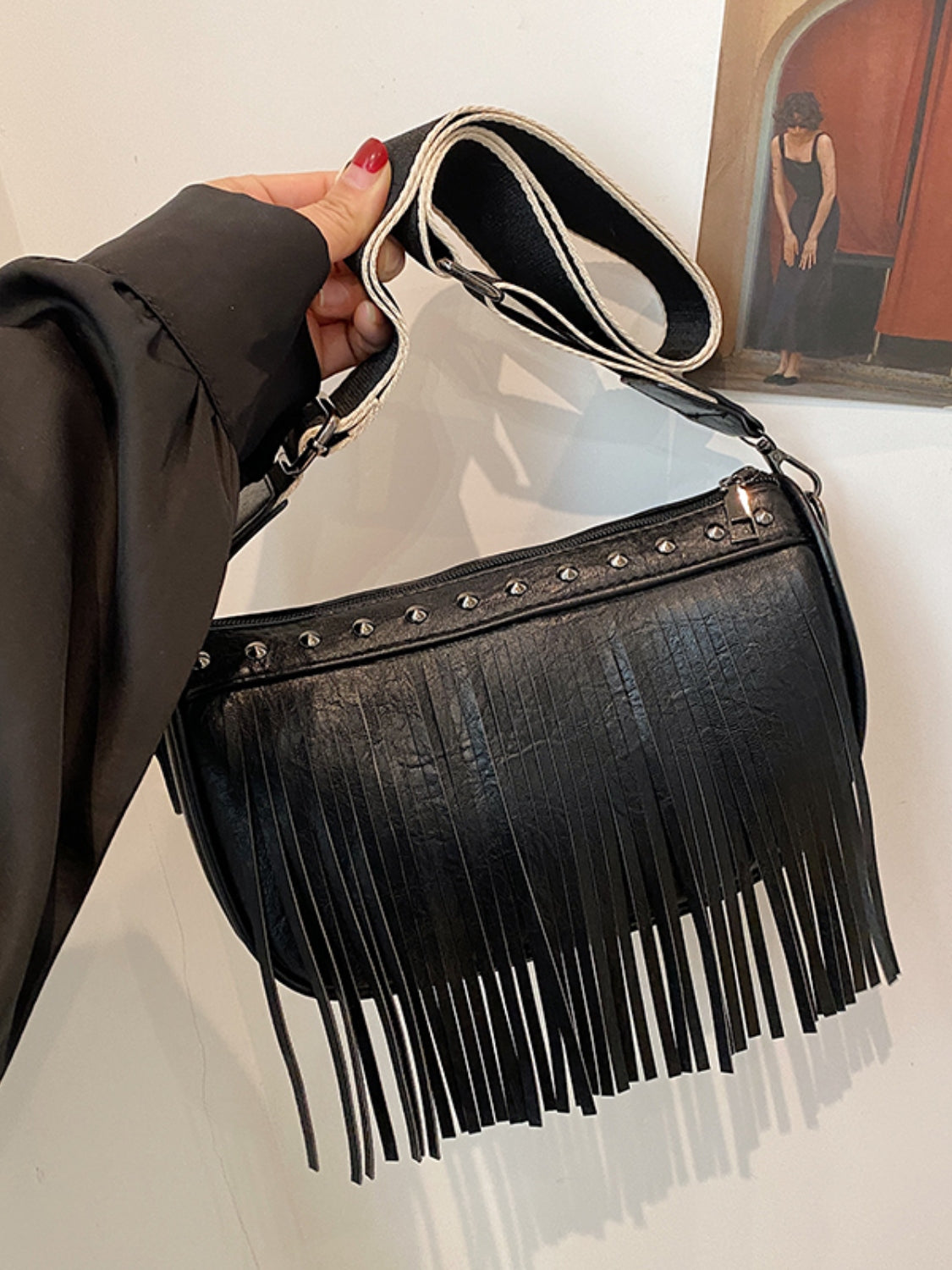 PU Leather Fringe Studded Crossbody Bag Trendsi