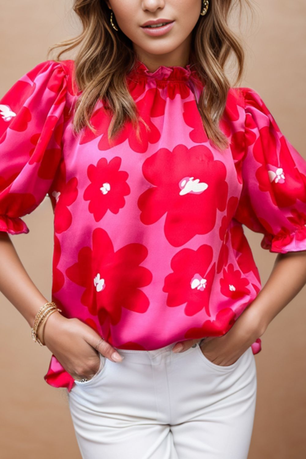 Ruffled Printed Mock Neck Short Sleeve Blouse Trendsi