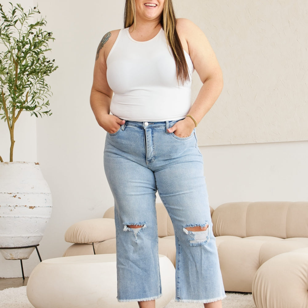 RFM Full Size Tummy Control High Waist Raw Hem Distressed Jeans Trendsi