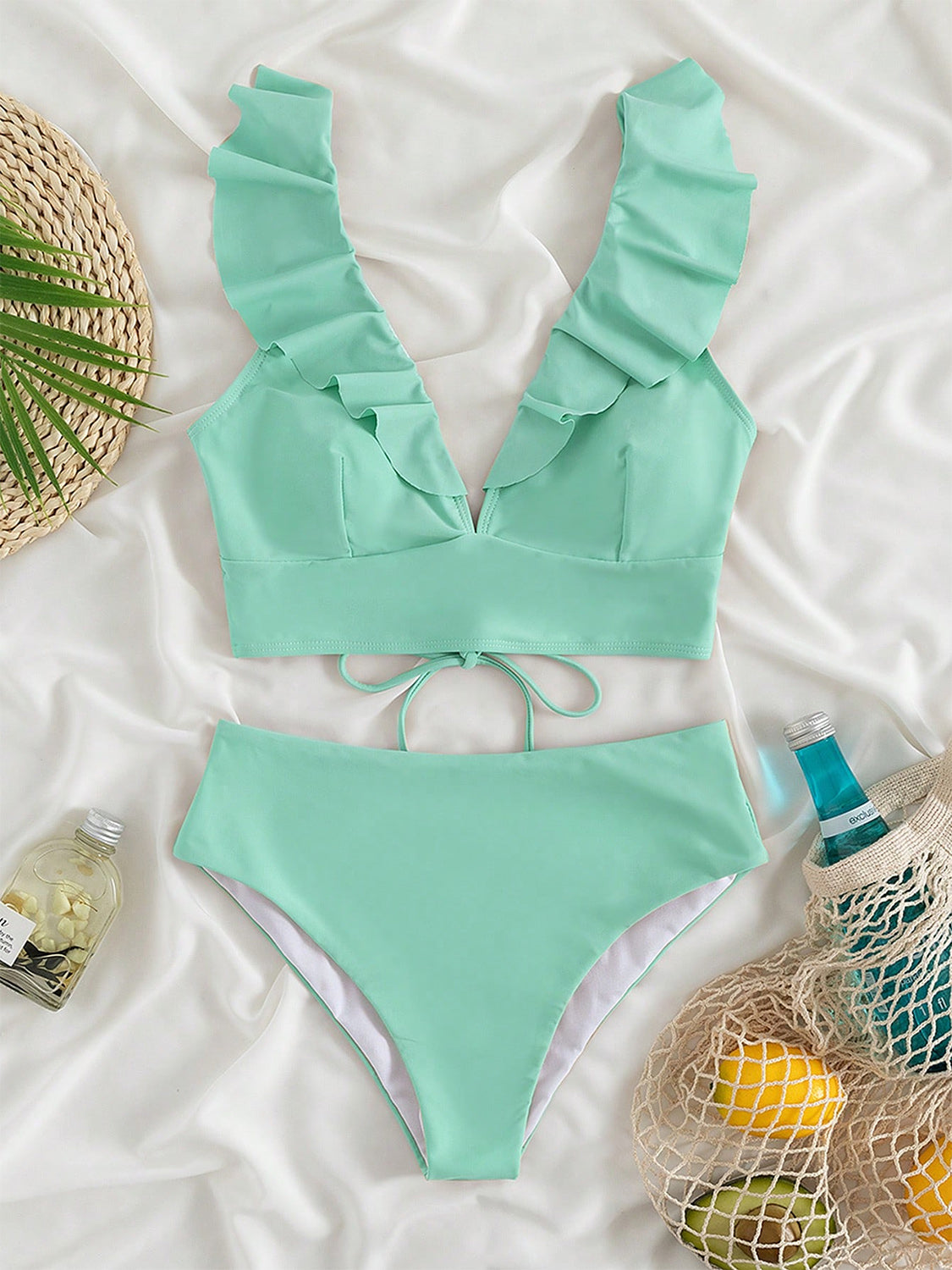 Ruffled V-Neck Sleeveless Two-Piece Swim Set Trendsi