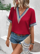 Full Size V-Neck Short Sleeve Blouse Trendsi