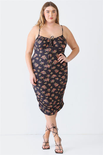 Blue Leopard Plus Size Ruched Floral Square Neck Cami Dress BiBi