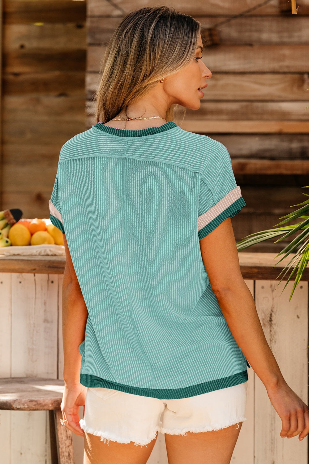 Color Block Round Neck Cap Sleeve T-Shirt Trendsi