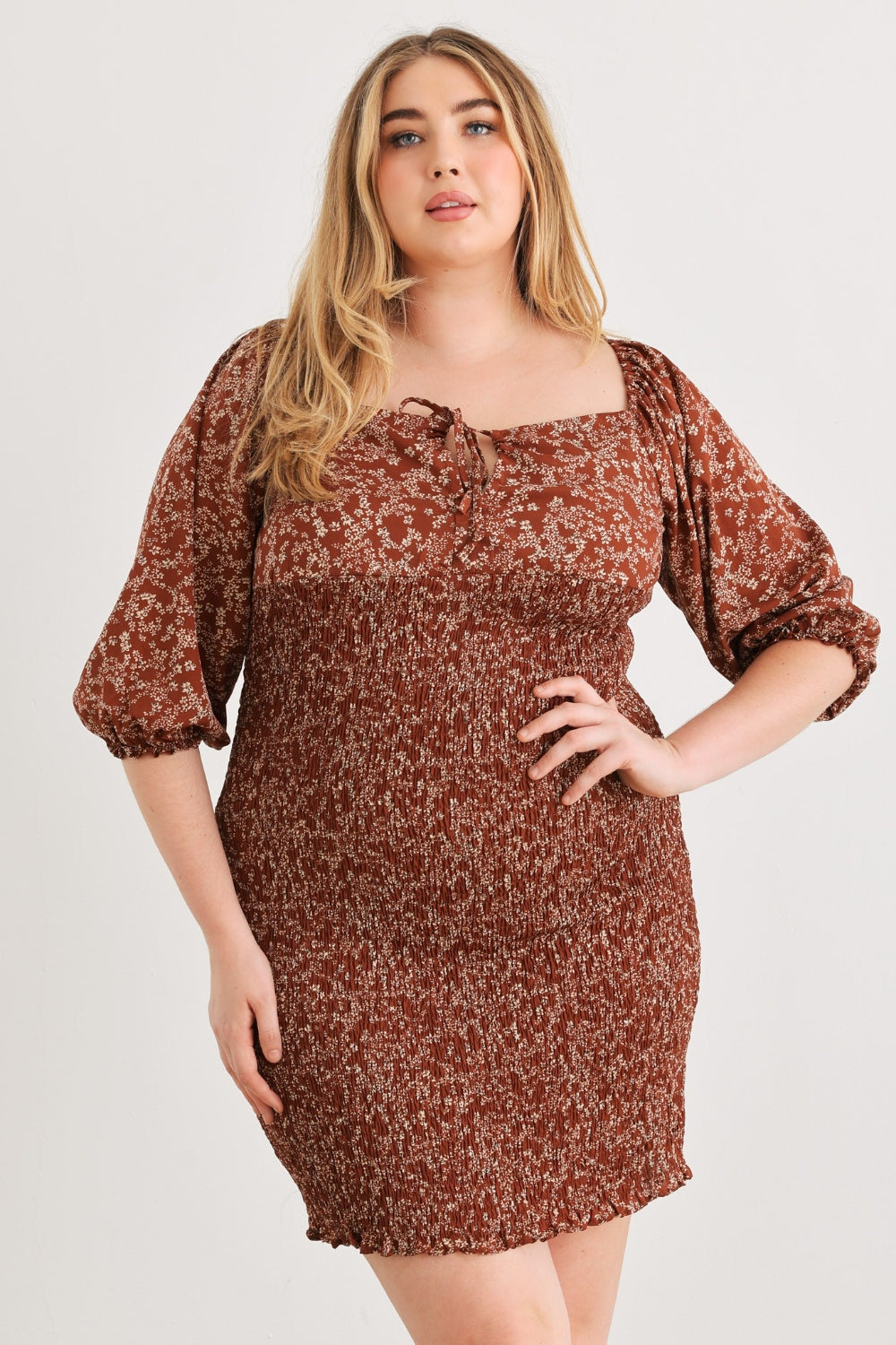 Zenobia Plus Size Smocked Printed Square Neck Mini Dress Trendsi