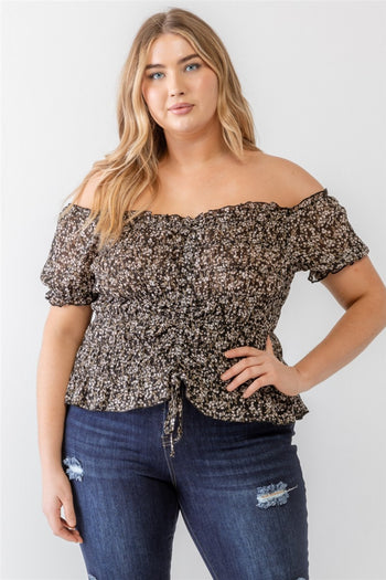 Zenobia Plus Size Frill Ruched Off-Shoulder Short Sleeve Blouse Zenobia