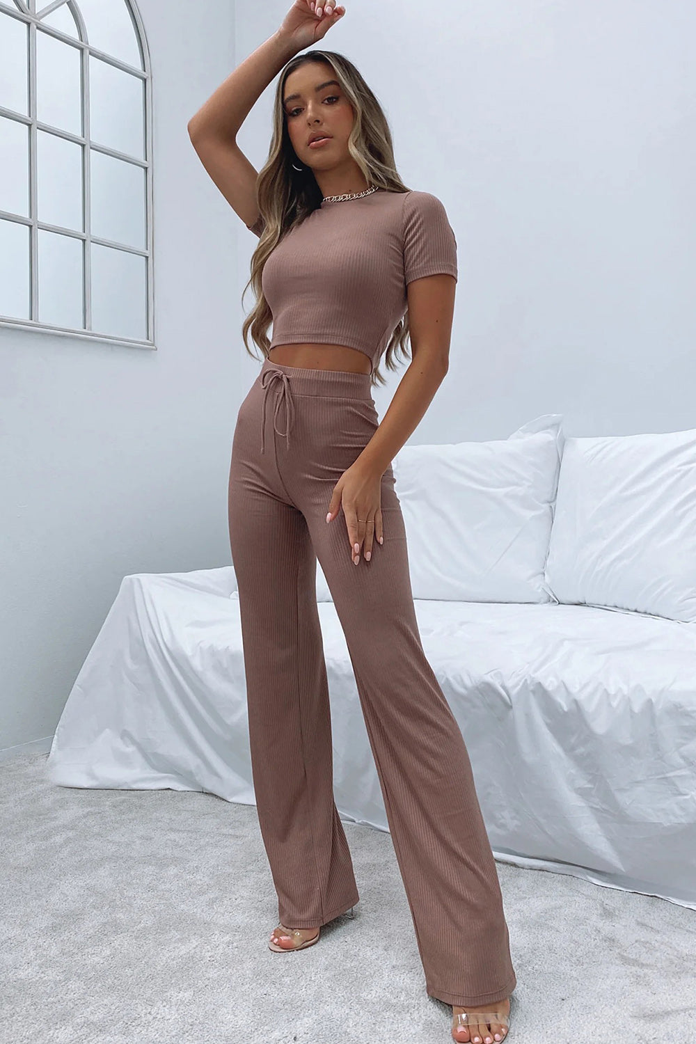 Round Neck Short Sleeve Top and Pants Set Trendsi