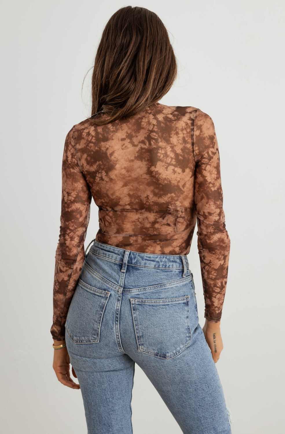 HERA COLLECTION Abstract Mesh Lace-Up Long Sleeve Bodysuit Trendsi