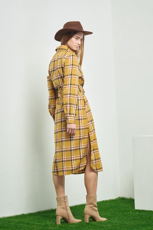 PLAID PRINT COLLAR LONG SHIRT DRESS Jade By Jane