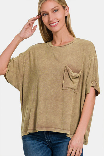 Zenana Ribbed Round Neck Drop Shoulder T-Shirt Trendsi