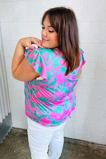 Pink & Green Floral Print Frilled Short Sleeve Yoke Top Haptics