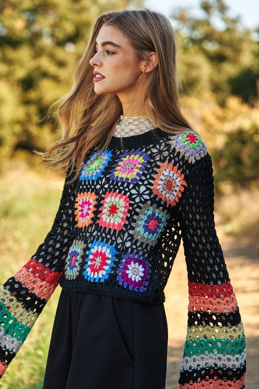 Floral Crochet Striped Sleeve Cropped Knit Sweater Davi & Dani