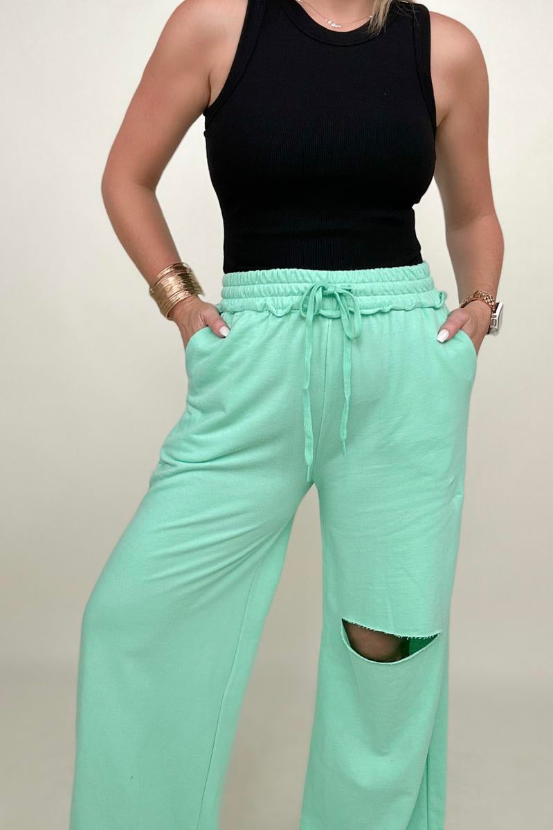 Zenana Distressed Knee French Terry Sweats With Pockets - New Colors Kiwidrop