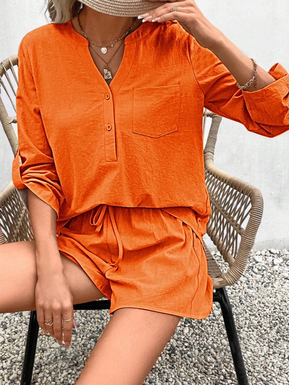 Notched Long Sleeve Top and Shorts Set Trendsi