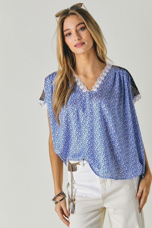 Printed Lace V-Neck Short Sleeve Loose Top Davi & Dani