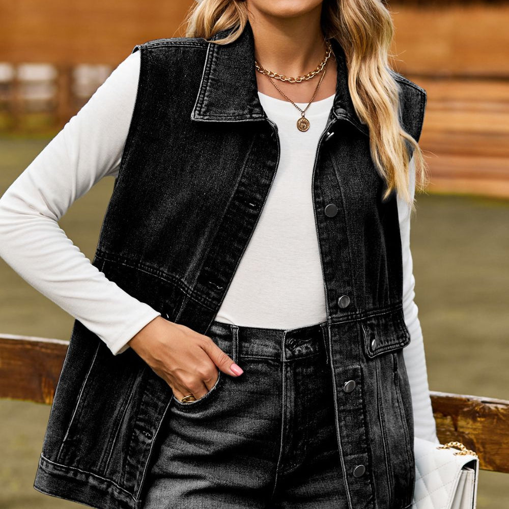 Sleeveless Collared Neck Denim Top with Pockets