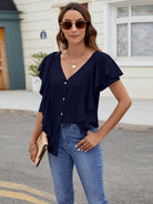 Ruffled V-Neck Short Sleeve Top Trendsi