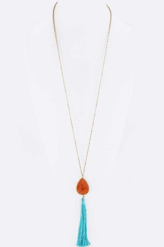 Semi Precious Teardrop & Tassel Pendant Necklace LA Jewelry Plaza