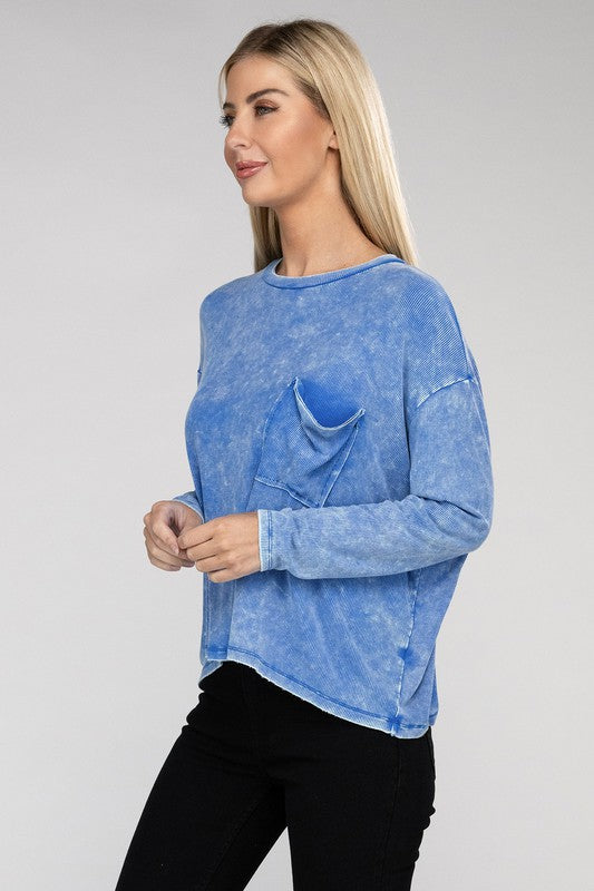 Washed Ribbed Dolman Sleeve Round Neck Top ZENANA