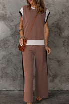 Contrast Round Neck Top and Pants Set Trendsi