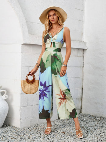 Cutout Printed Wide Strap Jumpsuit Trendsi