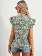 Ruffled Floral Notched Cap Sleeve Blouse Trendsi