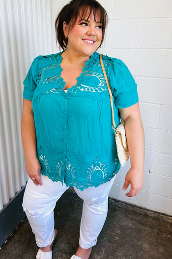 Teal Cotton Embroidered Button Down Cotton Top Haptics