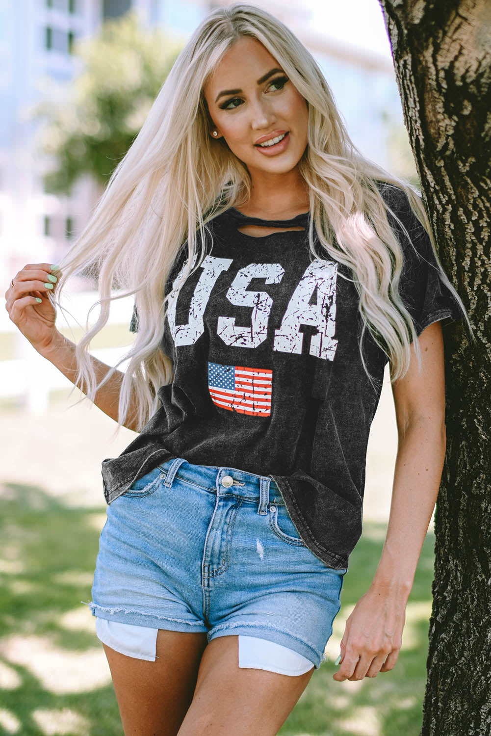 USA Cutout Round Neck Short Sleeve T-Shirt Casual Chic Boutique