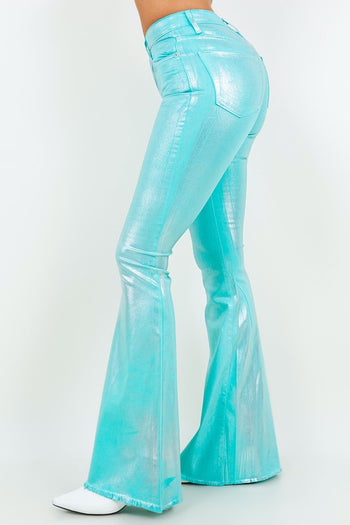 Metallic Bell Bottom Jean in Turquoise - Inseam 32 GJG Denim