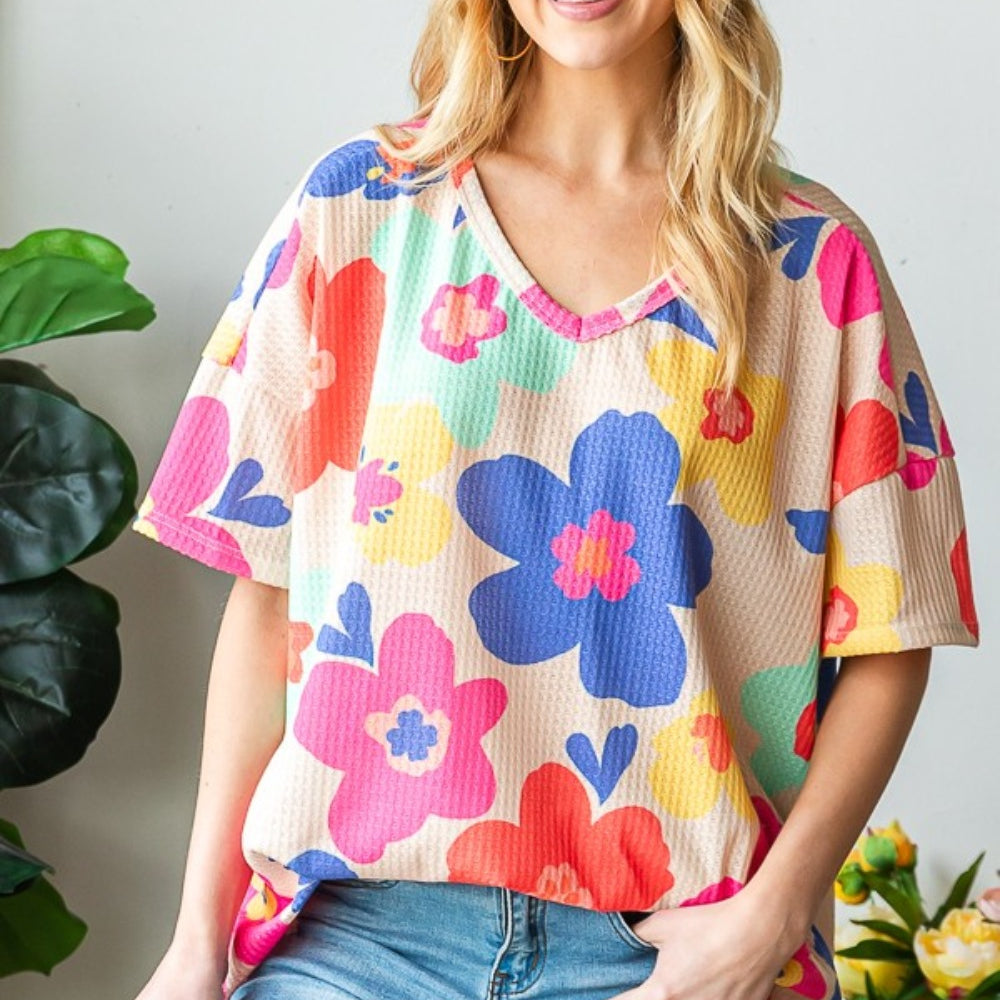 HOPELY Floral V-Neck Side Slit T-Shirt