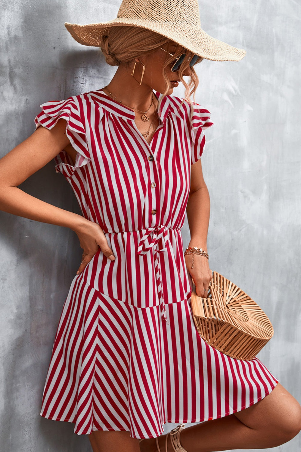 Ruffled Striped Cap Sleeve Mini Dress Trendsi