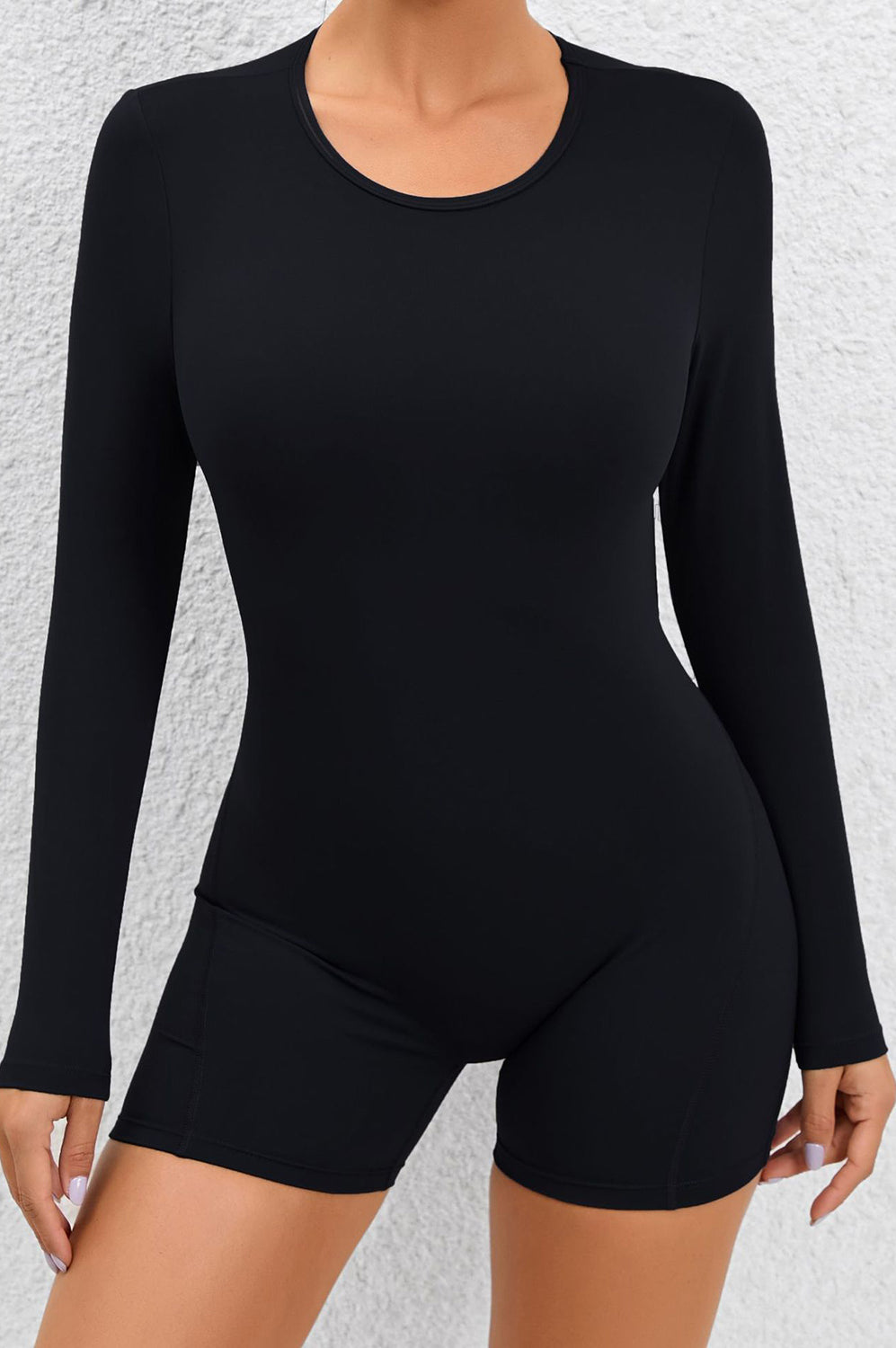 Cutout Round Neck Long Sleeve Active Romper Trendsi