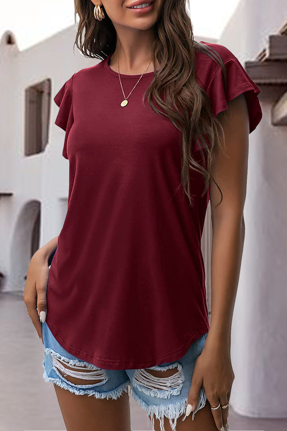 Ruffled Round Neck Cap Sleeve Blouse Trendsi