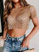 Sequin Bead Trim Round Neck Short Sleeve Blouse Trendsi