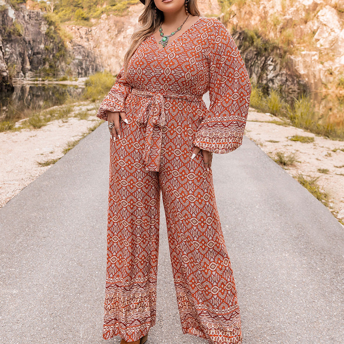Plus Size Printed V-Neck Tie Front Balloon Sleeve Jumpsuit