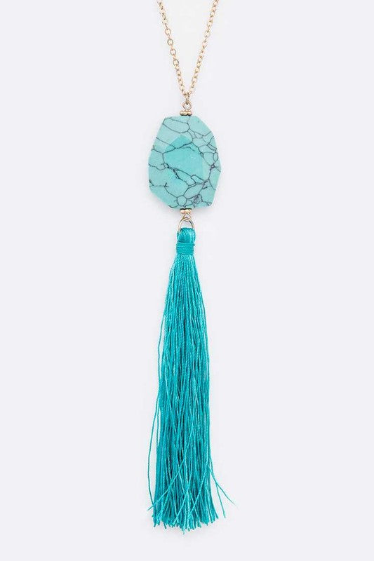 Semi Precious Pebble & Tassel Pendant Necklace LA Jewelry Plaza