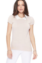 Cute Contrast Collar Pleated Cap Sleeve Knit Top Mak