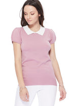 Cute Contrast Collar Pleated Cap Sleeve Knit Top Mak