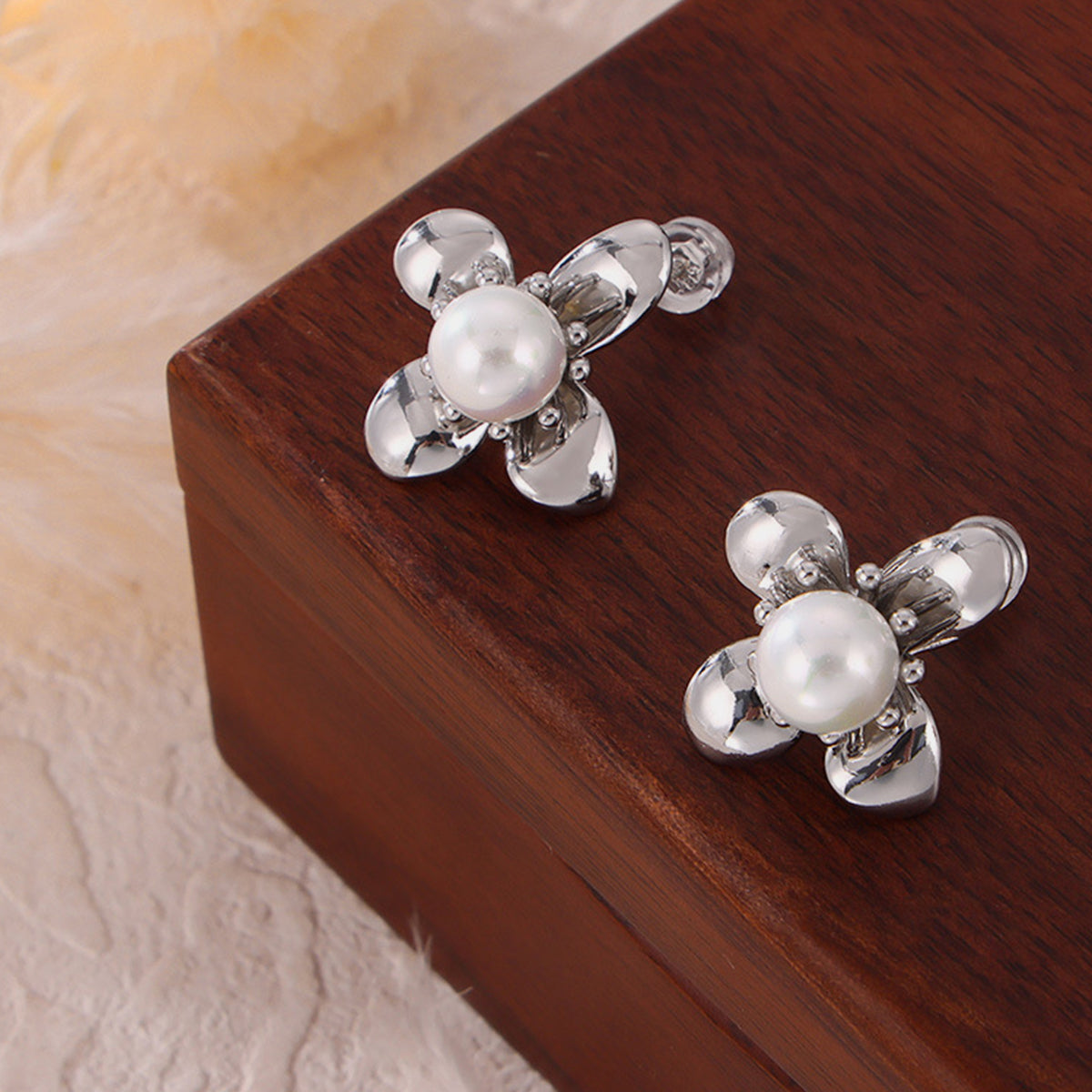 Synthetic Pearl Titanium Steel Flower Earrings Trendsi